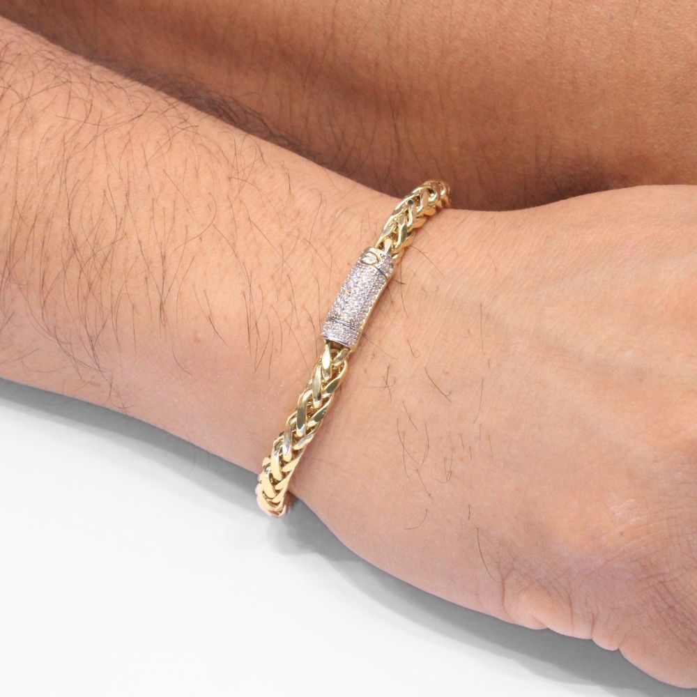 Pulsera de Oro 14k Tejido Espiga Hueca con Broche Incrustado con Zirconias mod. 8702