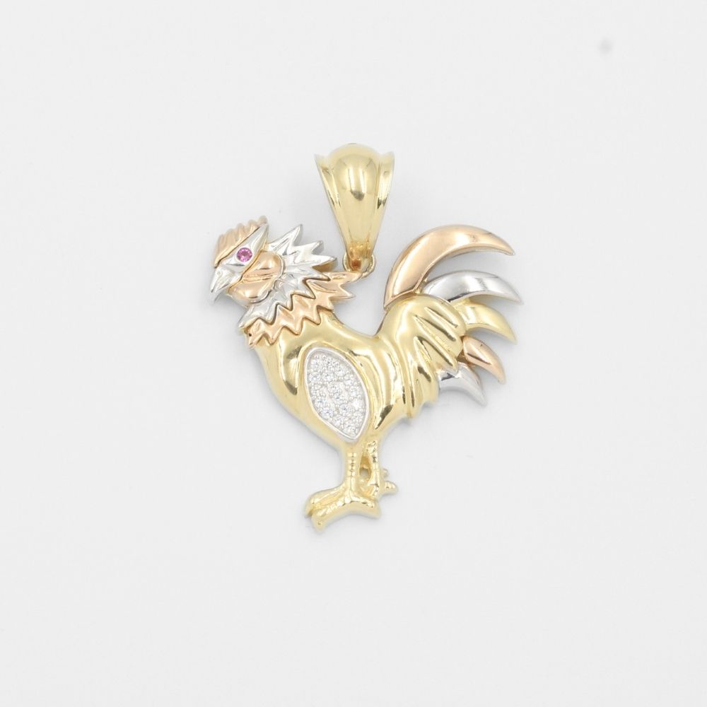 Dije de Oro 14k Gallo Hueco de Tono Brillante con Zirconias Finas mod. 7913