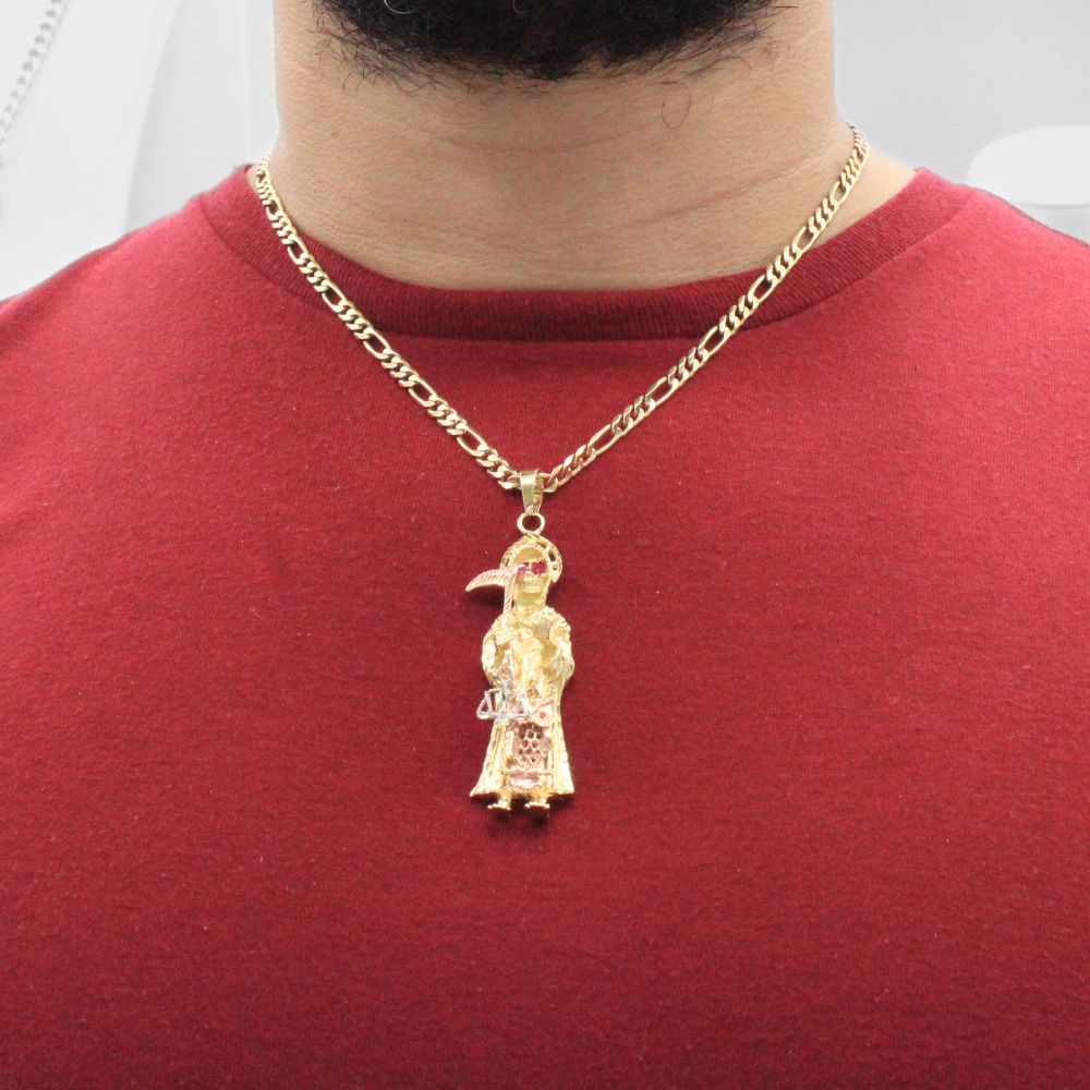 Dije de Oro 14k Santa Muerte con Ojos de Zirconia Roja mod. 8006