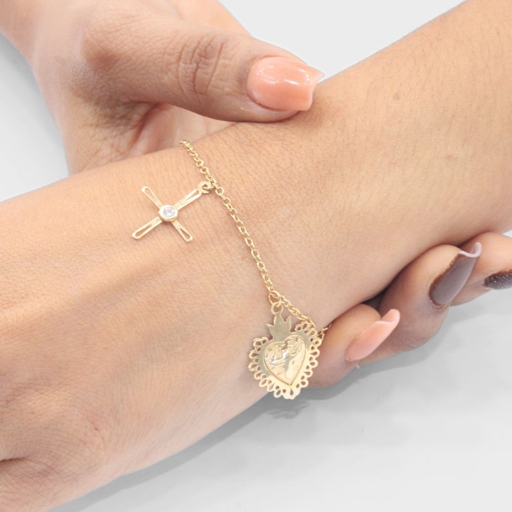 Pulsera de Oro 14k con Sagrado Corazón y Cruz con Zirconia mod. 8131