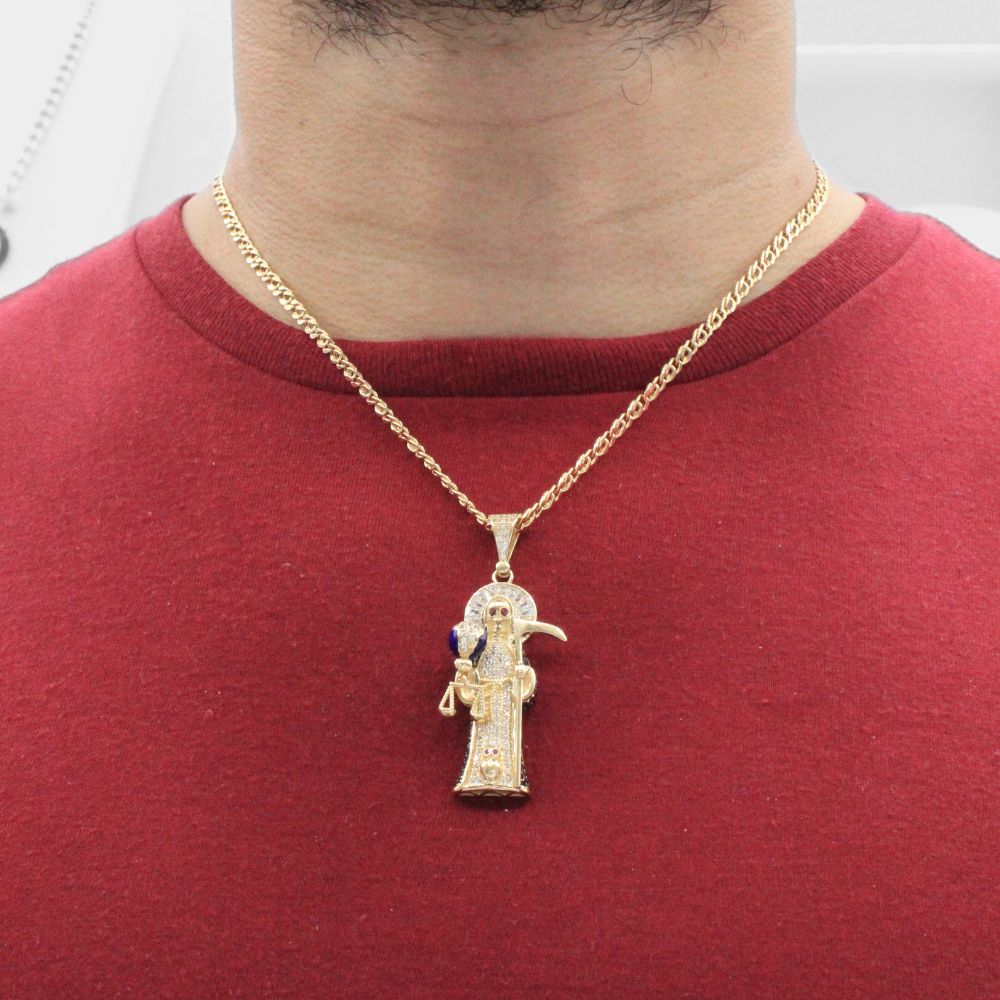 Dije de Oro 14k Santa Muerte de Diseño Hueco con Capa de Zirconias Oscuras mod. 8014