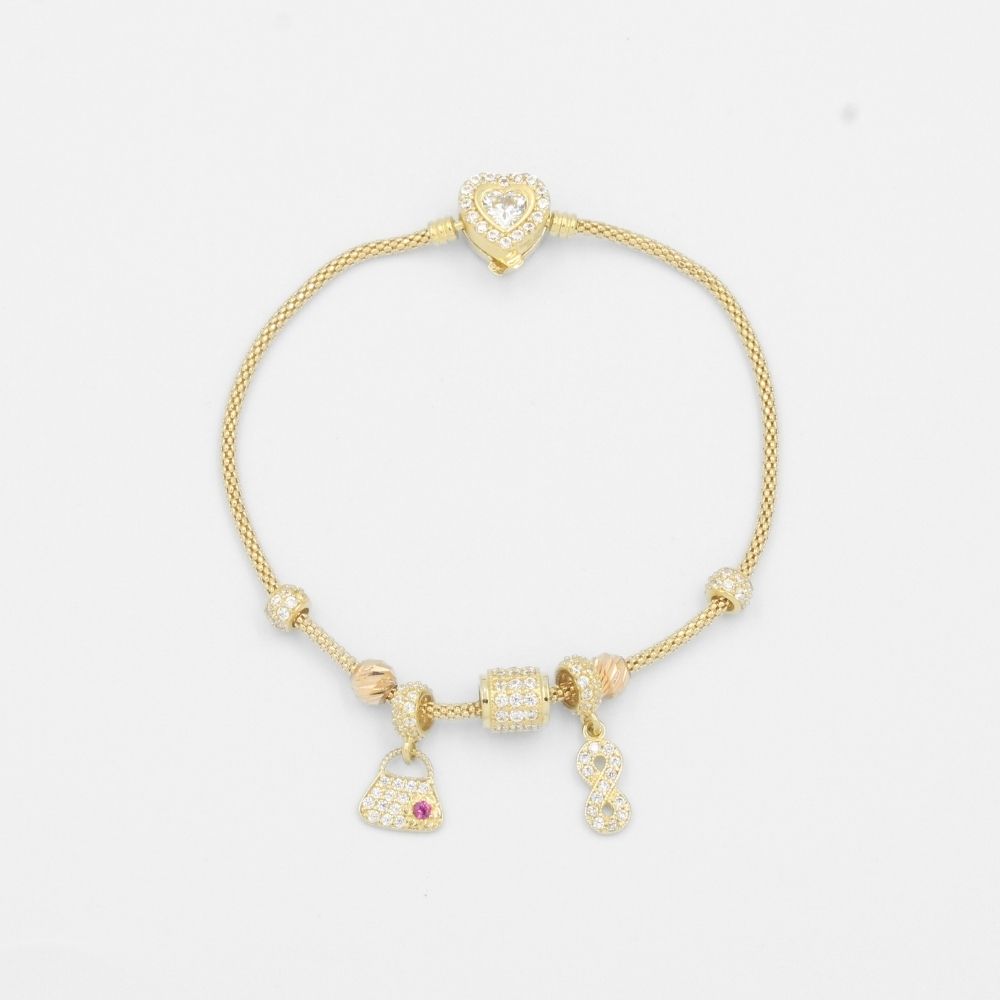 Pulsera de Oro 14k de Tejido Flexible con Charms Incrustados de Zirconias y Esferas Diamantadas mod. 7956