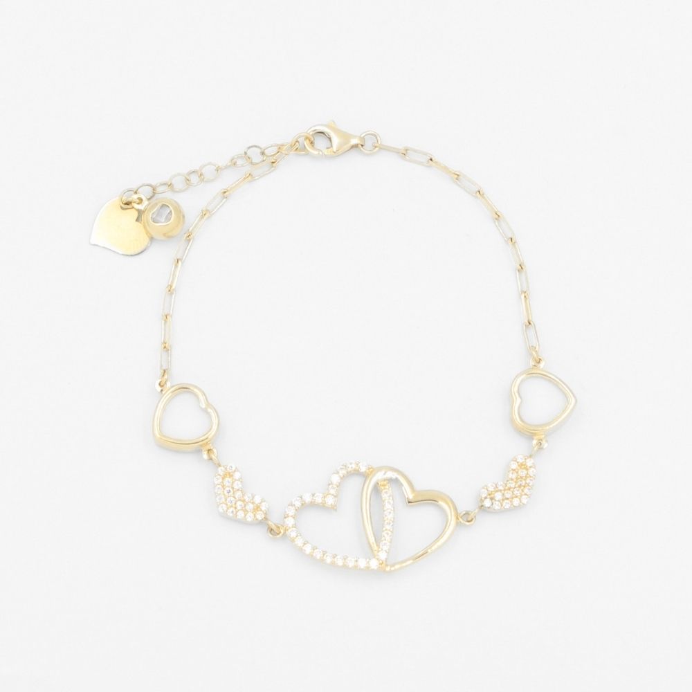 Pulsera de Oro 14k Diseño Fino y Hueco con Corazónes y Zirconias mod. 8257