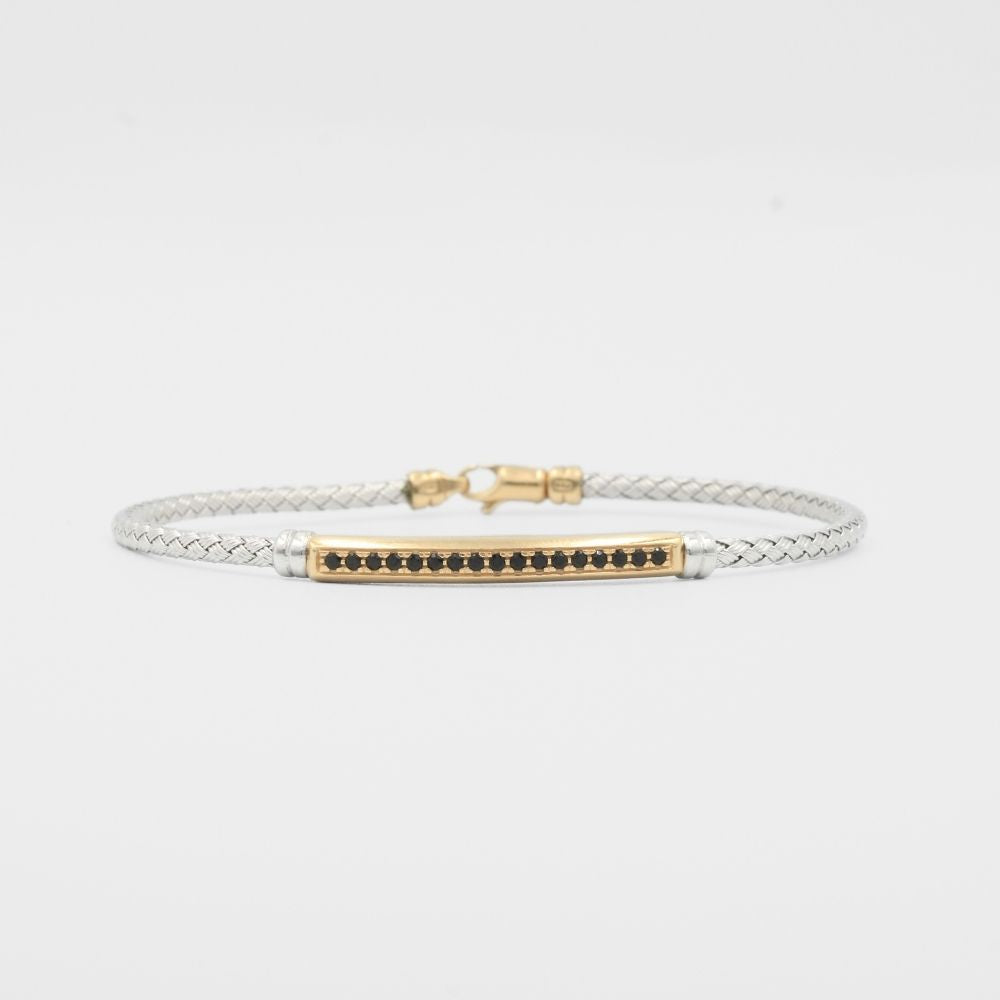 Pulsera de Oro 14k Diseño Hueco Rígido Tejido con Placa Incrustada de Zirconias Oscuras mod. 8155