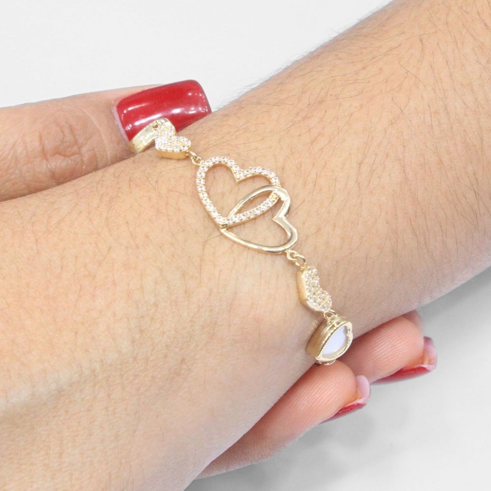 Pulsera de Oro 14k Diseño Fino y Hueco con Corazónes y Zirconias mod. 8257