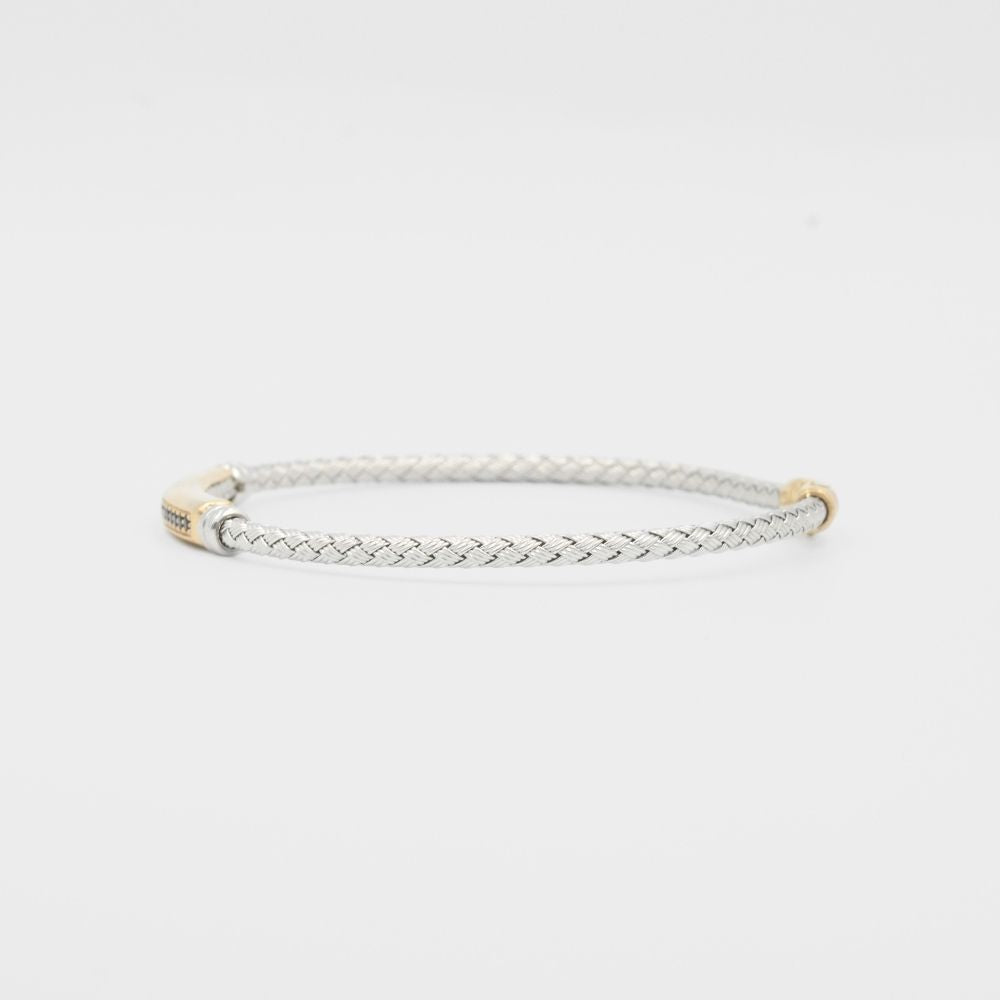 Pulsera de Oro 14k Diseño Hueco Rígido Tejido con Placa Incrustada de Zirconias Oscuras mod. 8155