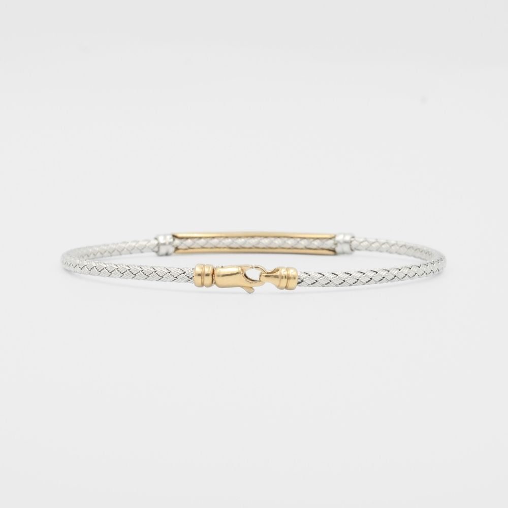 Pulsera de Oro 14k Diseño Hueco Rígido Tejido con Placa Incrustada de Zirconias Oscuras mod. 8155