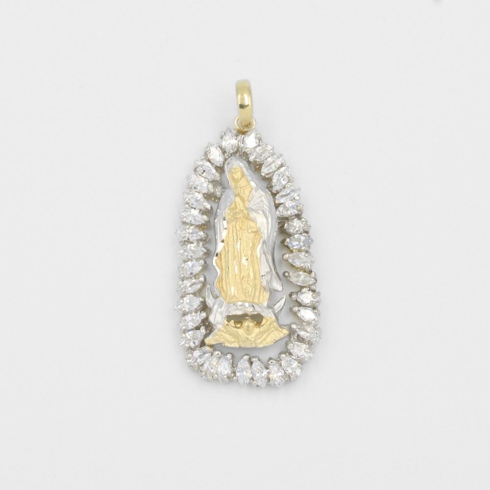 Dije de Oro 14k Virgen Guadalupe con Manto Blanco Diamantado y Zirconias de Resplandor mod. 8031