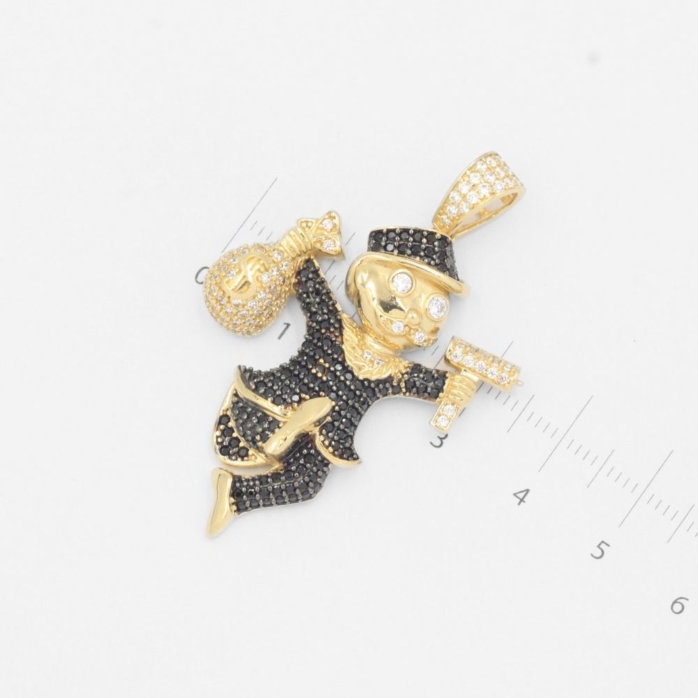 Dije de Oro 14k Tío Pennybags de Diseño Hueco con Zirconias Oscuras mod. 7709