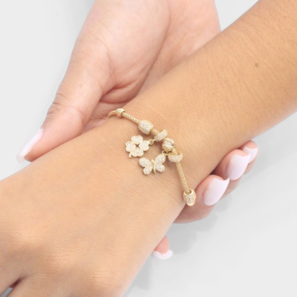 Pulsera de Oro 14k de Tejido Flexible con Charms y Zirconias mod. 7957