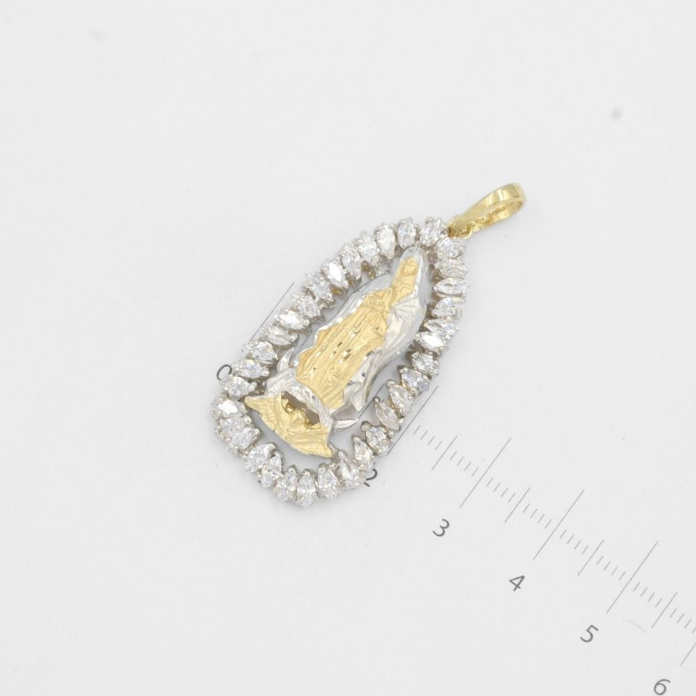 Dije de Oro 14k Virgen Guadalupe con Manto Blanco Diamantado y Zirconias de Resplandor mod. 8031