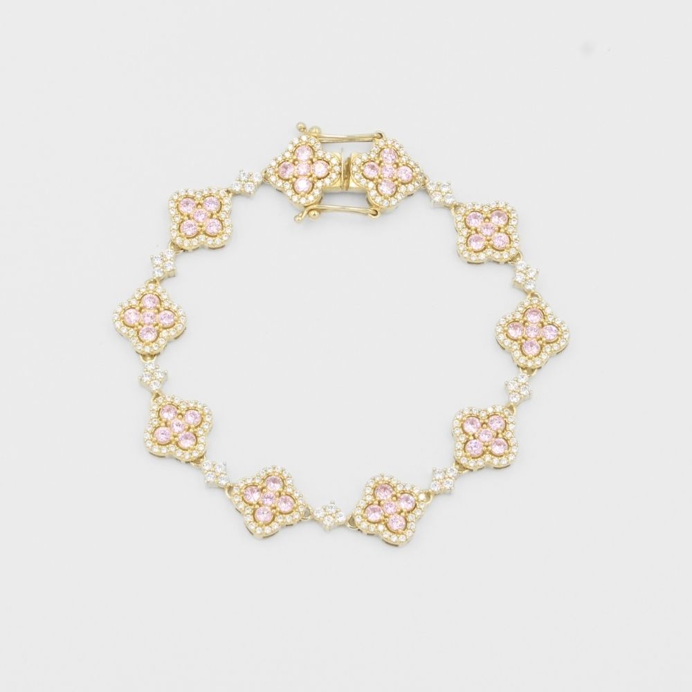 Pulsera de Oro 14k de Eslabones Huecos en Forma de Flor Incrustados con Zirconias Finas Color Rosa mod. 8143