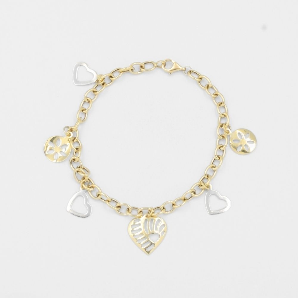 Pulsera de Oro 14k de Eslabones Huecos con Dijes de Calados Brillantes mod. 8209