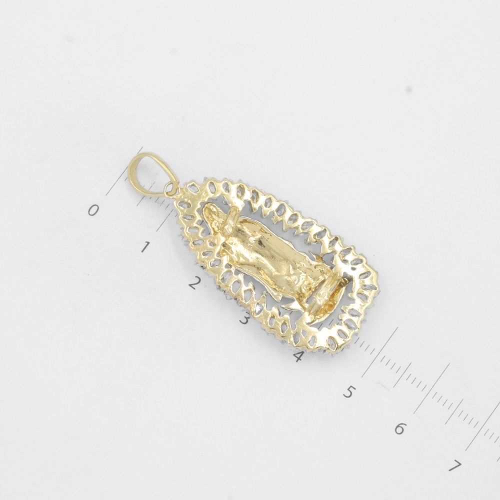 Dije de Oro 14k Virgen Guadalupe con Manto Blanco Diamantado y Zirconias de Resplandor mod. 8031