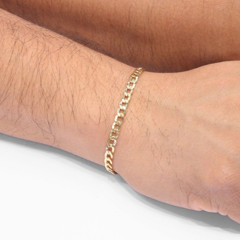 Pulsera de Eslabón de Oro 14k Tejido Barbado Hueco de Eslabón Estrecho Brillante mod. 8704