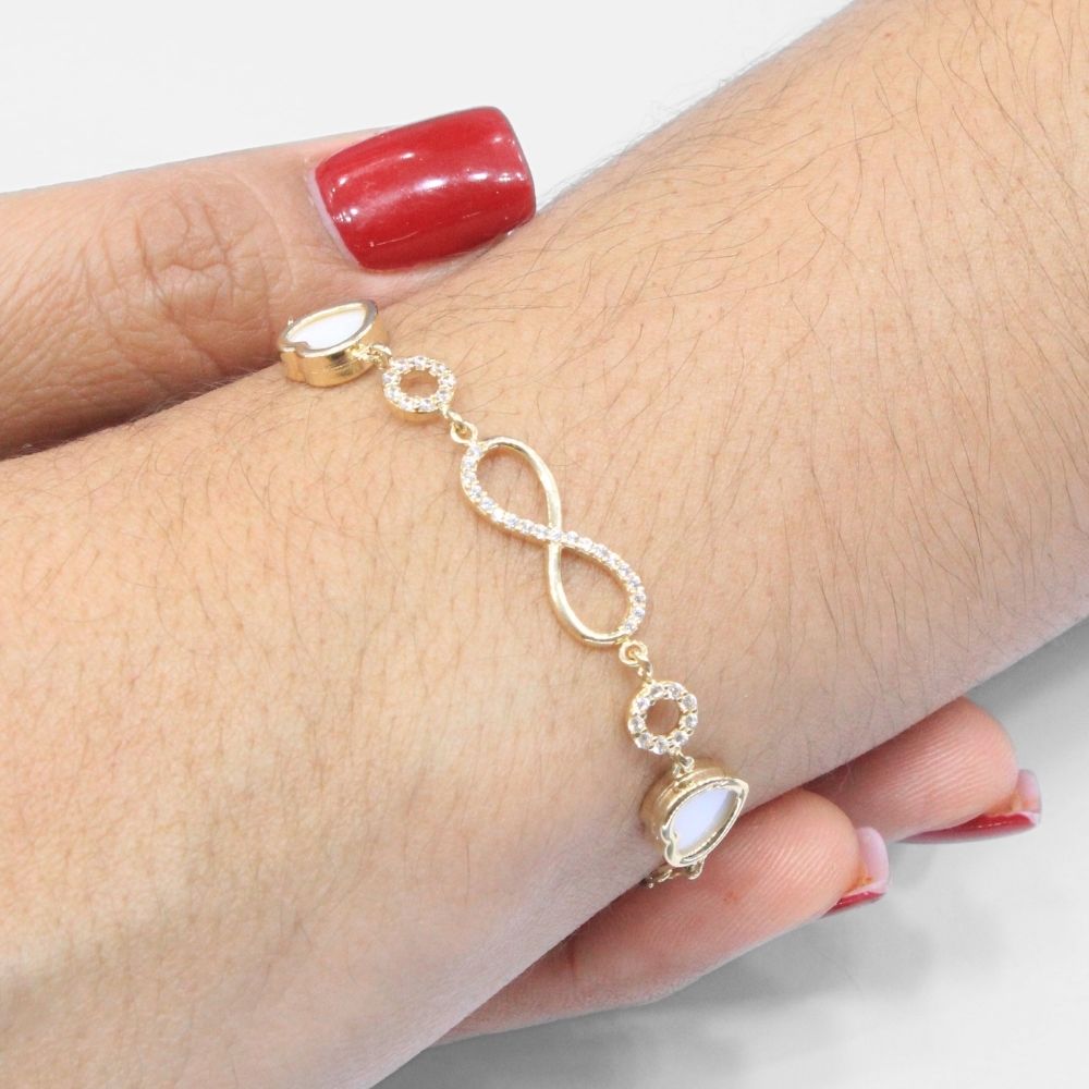 Pulsera de Oro 14k Diseño Fino y Hueco con Infinito de Zirconias mod. 8258