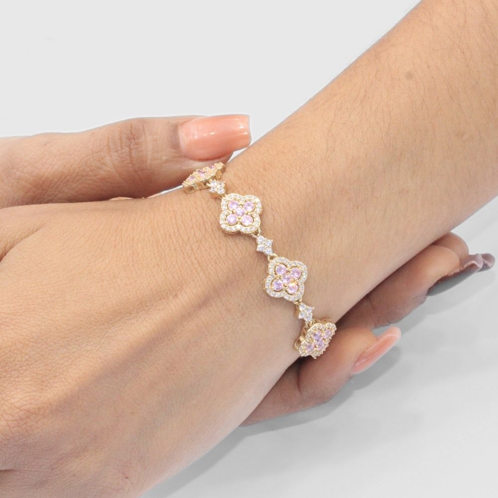 Pulsera de Oro 14k de Eslabones Huecos en Forma de Flor Incrustados con Zirconias Finas Color Rosa mod. 8143