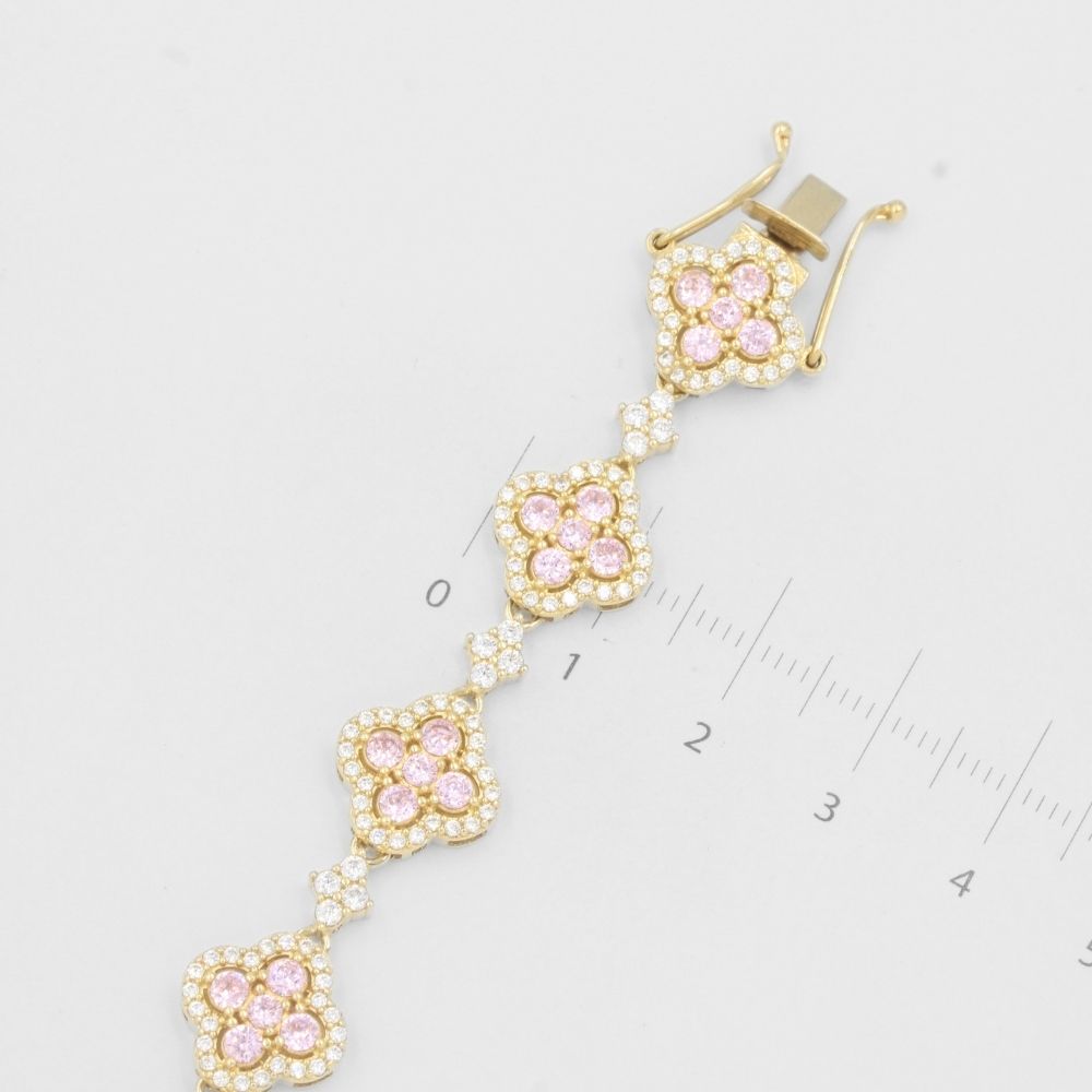 Pulsera de Oro 14k de Eslabones Huecos en Forma de Flor Incrustados con Zirconias Finas Color Rosa mod. 8143