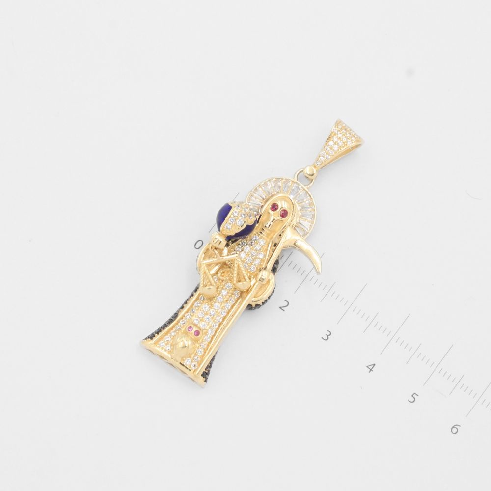 Dije de Oro 14k Santa Muerte de Diseño Hueco con Capa de Zirconias Oscuras mod. 8014