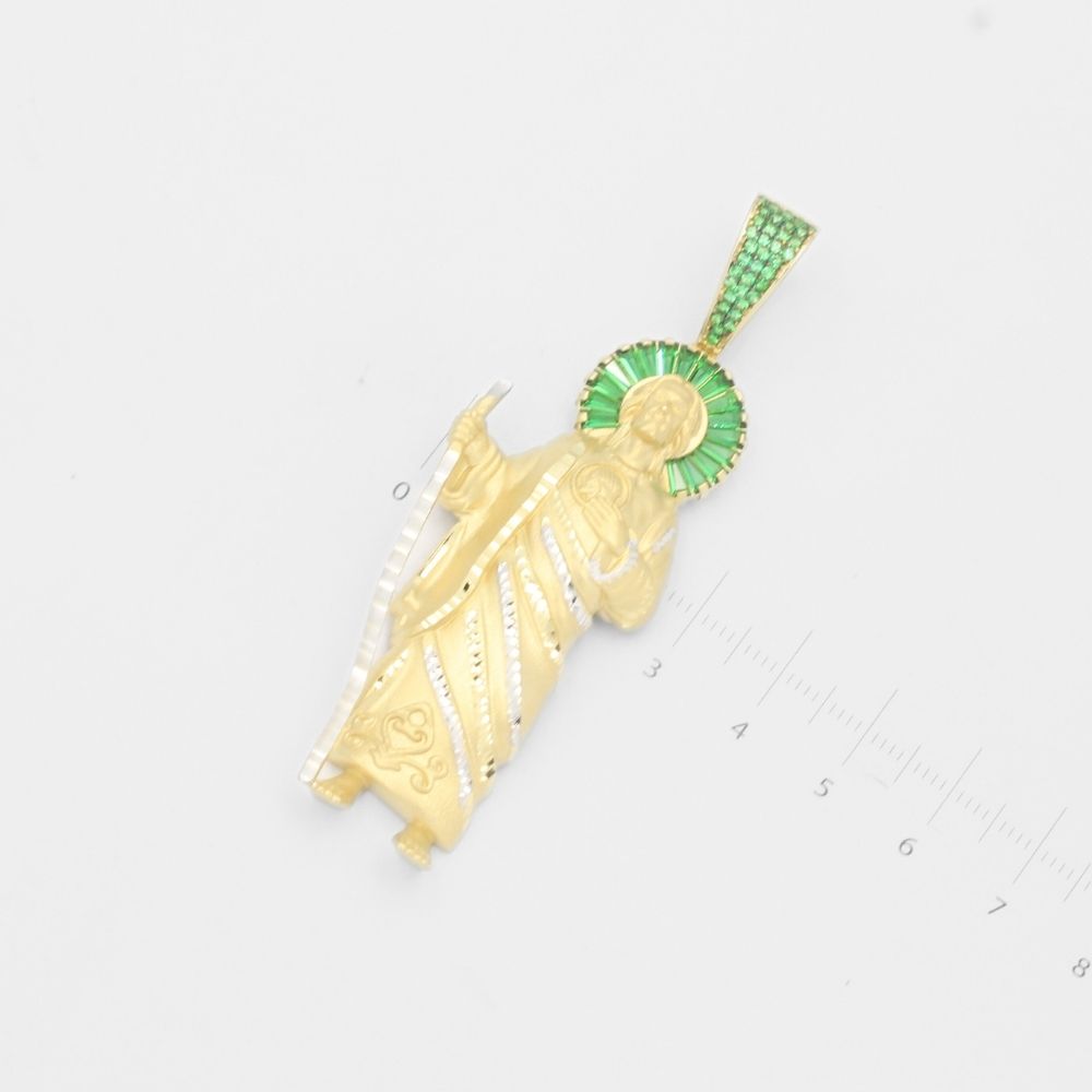 Dije de Oro 14k San Judas Hueco con Aura de Zirconias Verdes mod. 7923