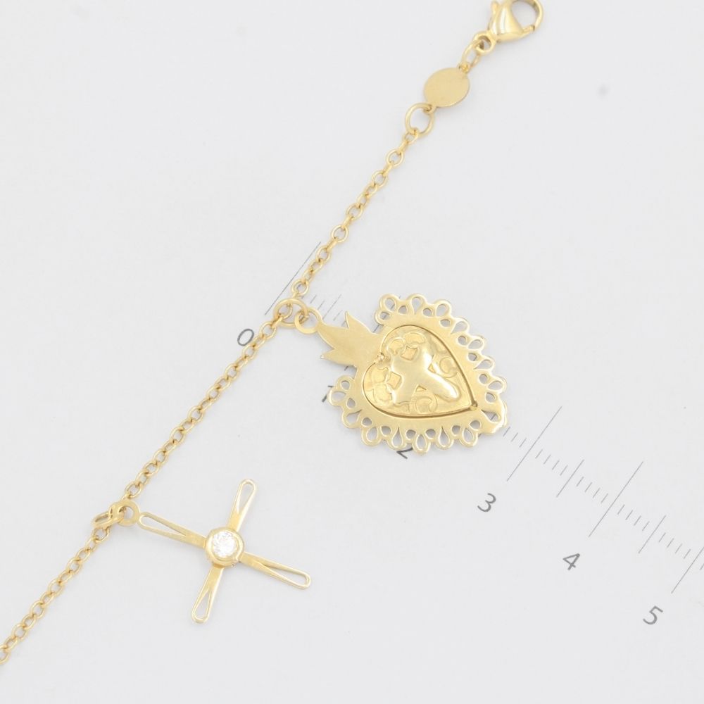 Pulsera de Oro 14k con Sagrado Corazón y Cruz con Zirconia mod. 8131