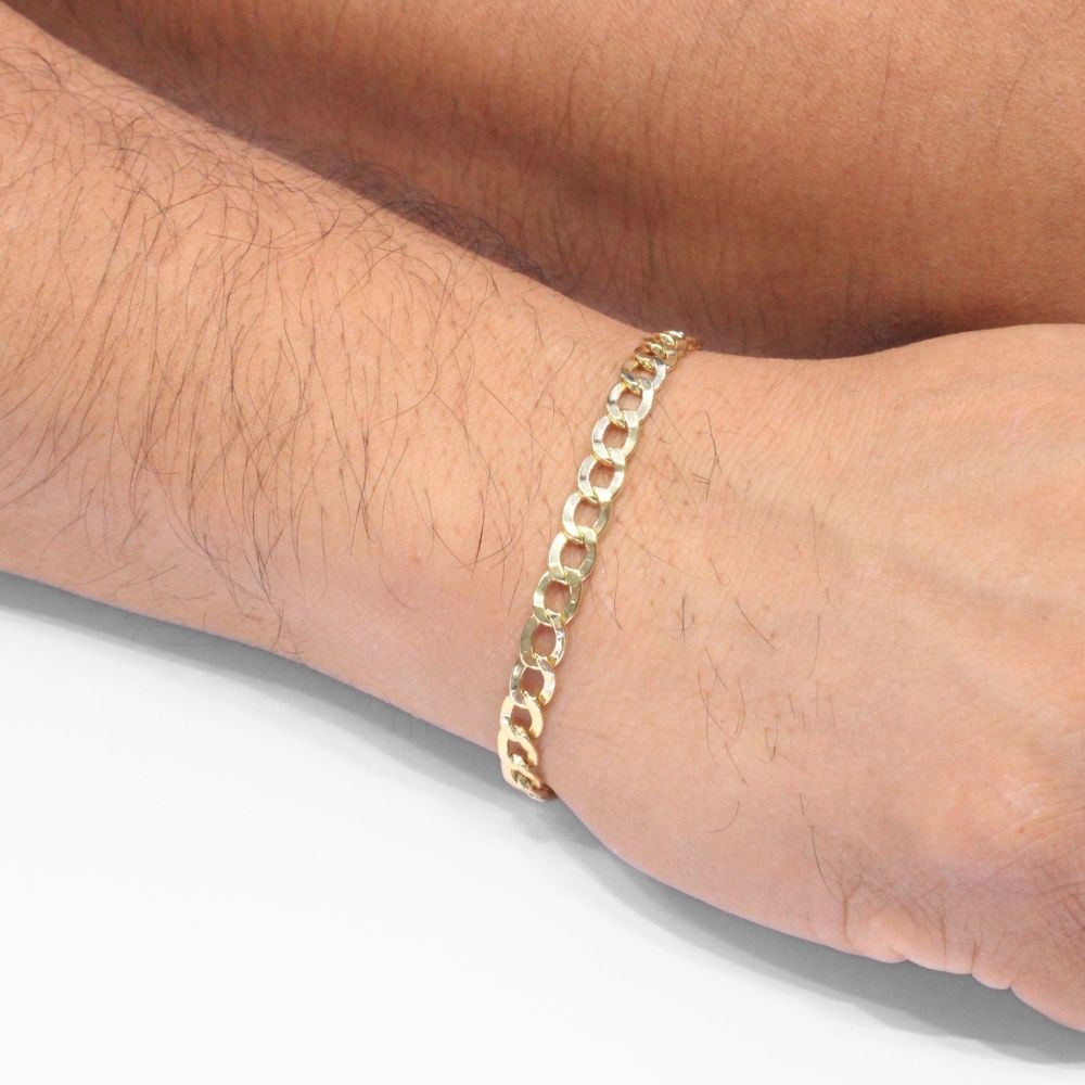 Pulsera de Eslabón de Oro 14k Tejido Barbado Hueco de Eslabón Brillante mod. 8705