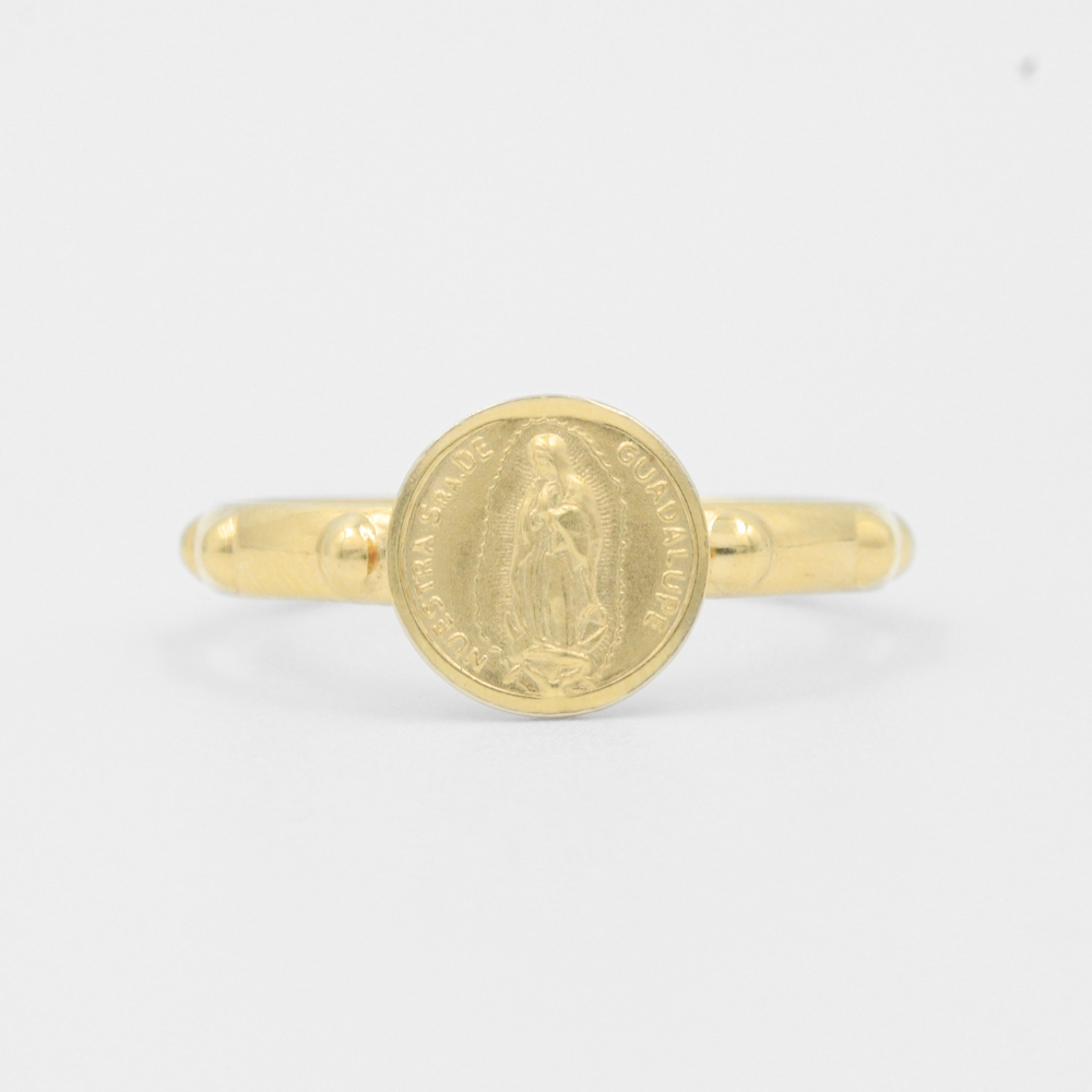 Anillo de Oro 14k Modelo Confort Hueco con Textura de Esferas y Medalla de Virgen Guadalupana mod. 7975