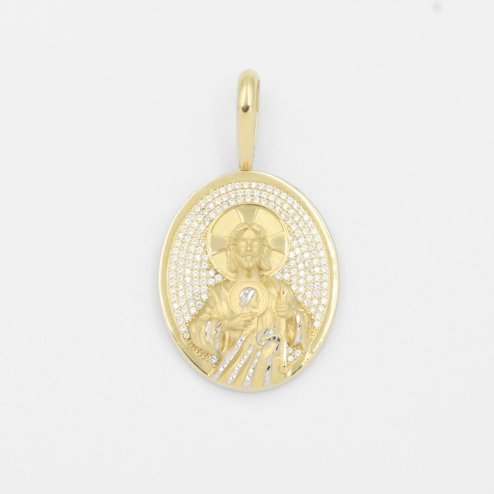 Dije de Oro 14k Medallón Oval Incrustado de Zirconias con San Judas Diamantado mod. 7917