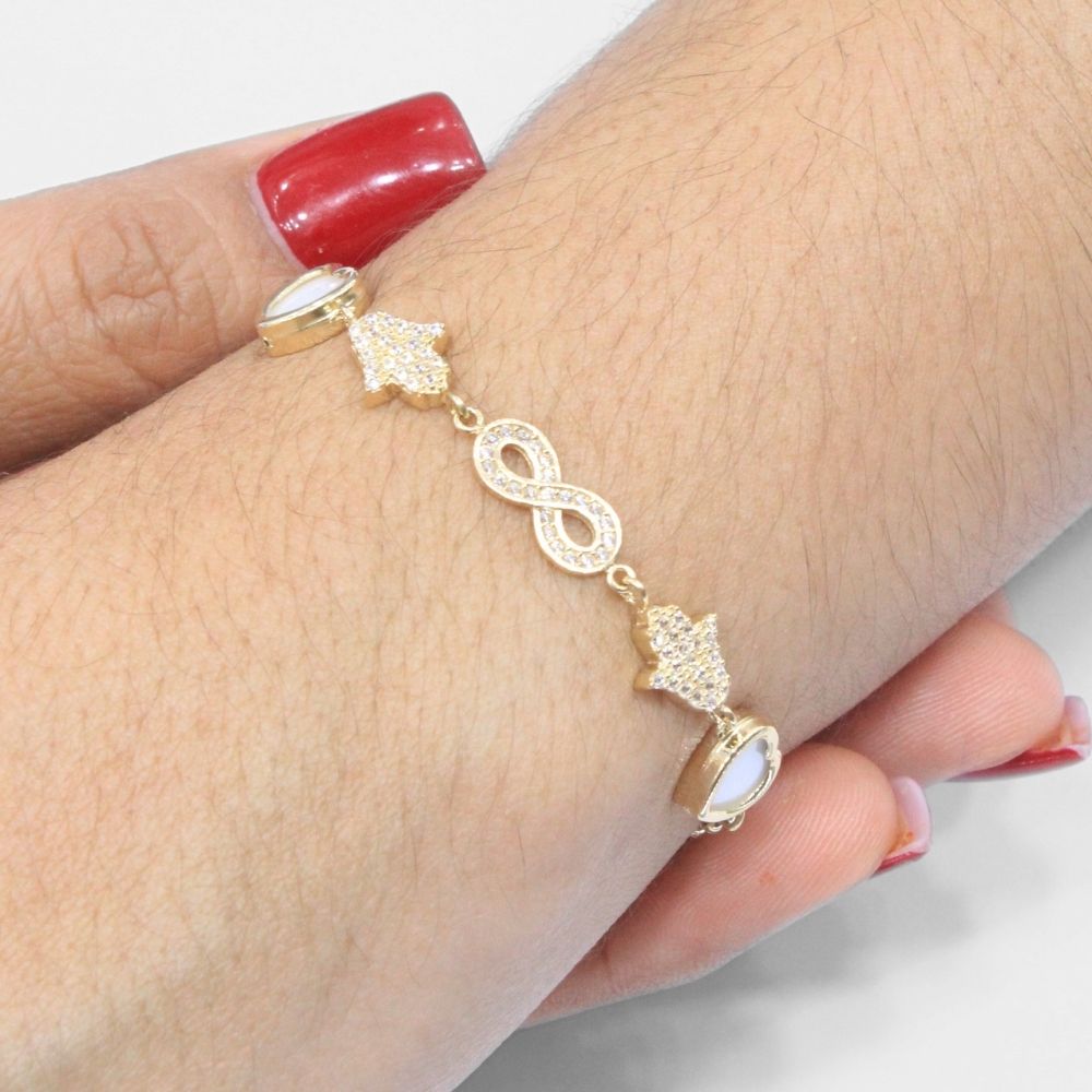 Pulsera de Oro 14k Diseño de la Suerte Fino y Hueco con Zirconias mod. 8260