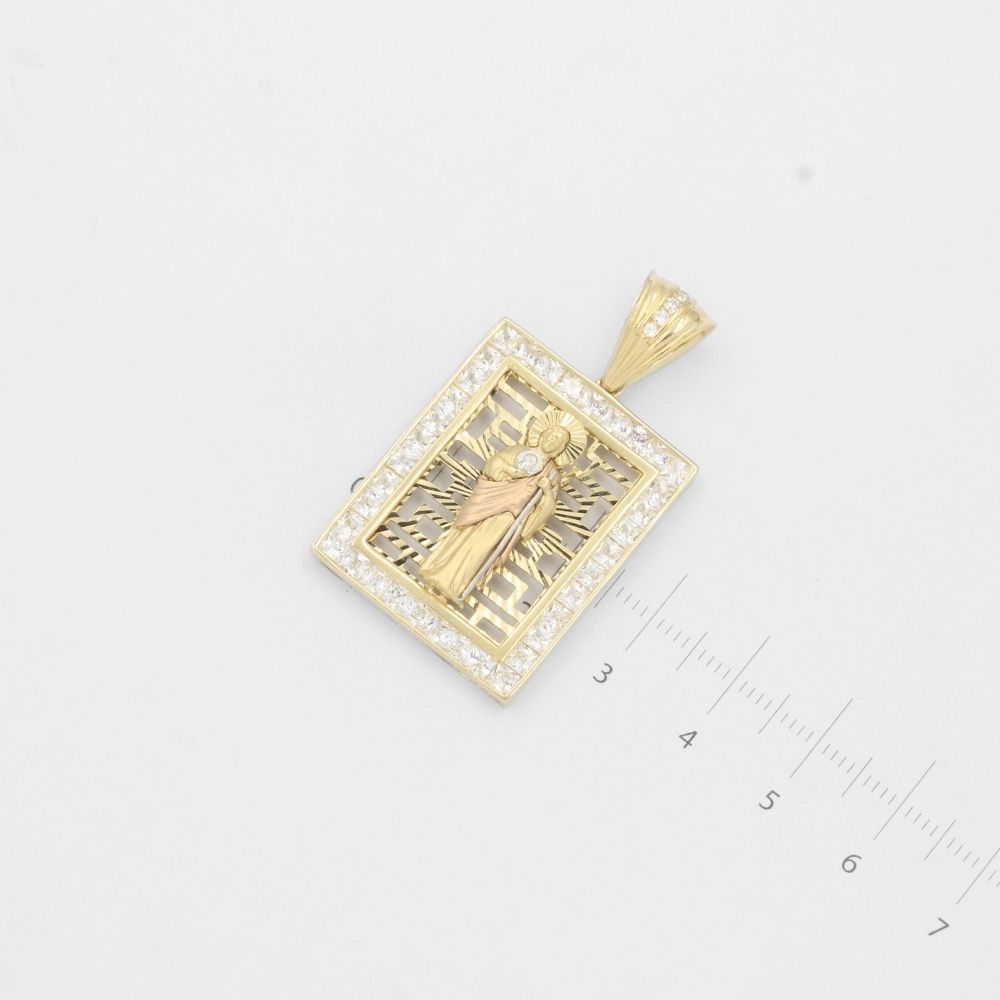 Dije de Oro 14k San Judas Mate en Fondo Calado Diamantado en Bisel de Zirocnias mod. 7918