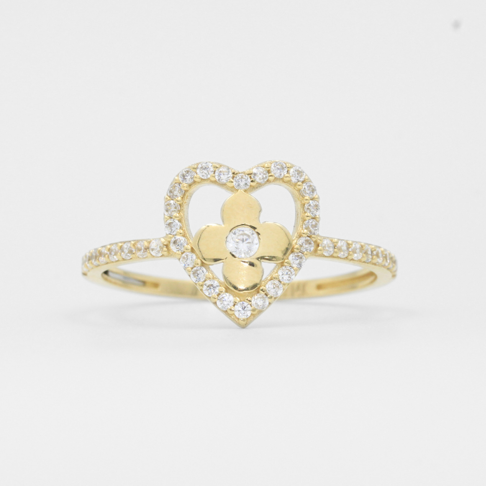 Anillo de Oro 14k Corazón y Flor Brillante Incrustado de Zirconias mod. 7976