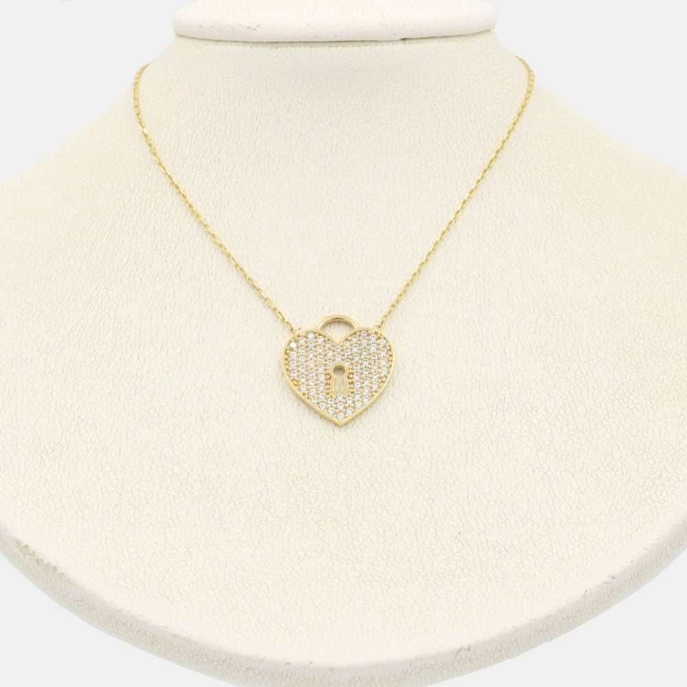 Gargantilla de Oro 14k Candado Corazón Plano Incrustado con Zirconias mod. 8073