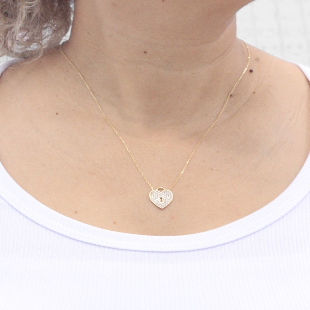 Gargantilla de Oro 14k Candado Corazón Plano Incrustado con Zirconias mod. 8073