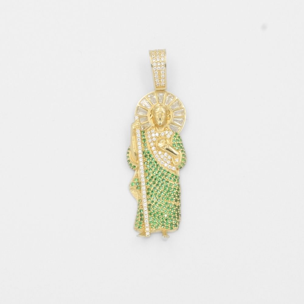 Dije de Oro 14k San Judas Hueco con Zirconias Color Verde mod. 7919