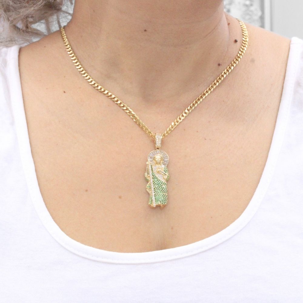 Dije de Oro 14k San Judas Hueco con Zirconias Color Verde mod. 7919