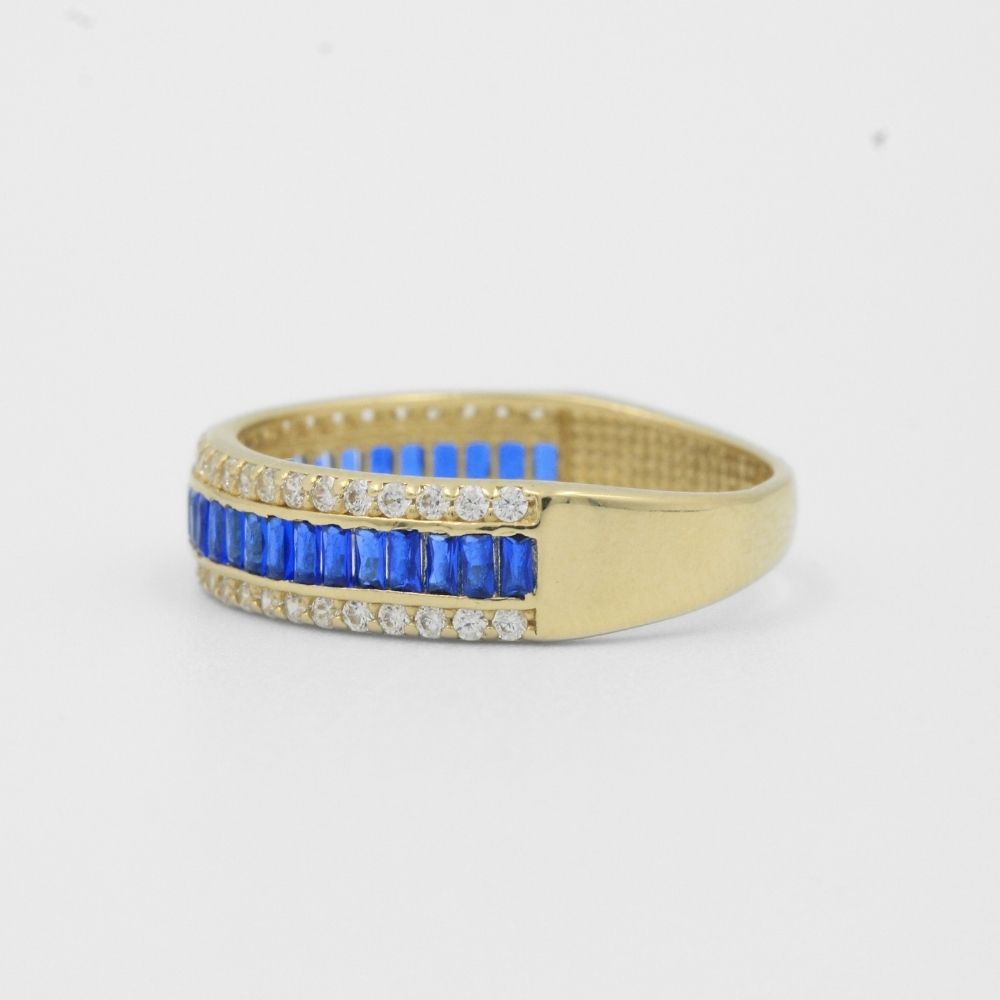 Anillo de Oro 14k Media Churumbela Elegante con Zirconias Baguette Color Azul Zafiro mod. 8185