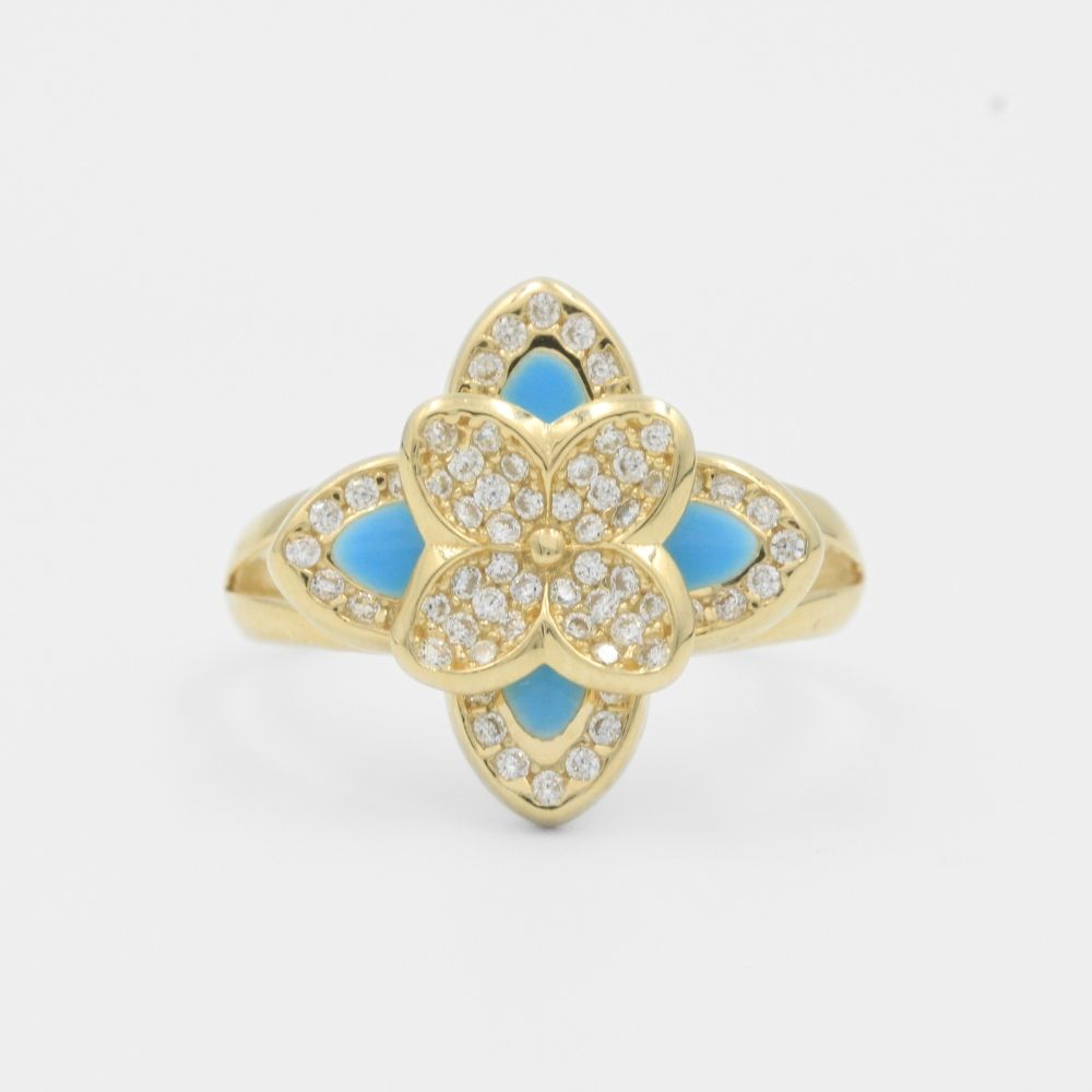 Anillo de Oro 14k Flor Azul Especial Incrustada con Zirconias mod. 7942