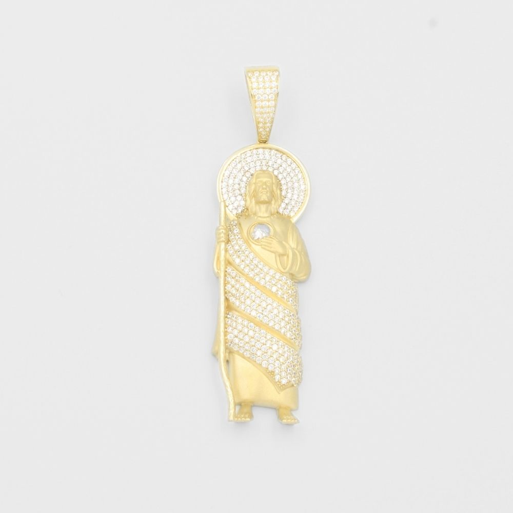 Dije de Oro 14k San Judas Hueco con Aura de Zirconias Redondas mod. 7924