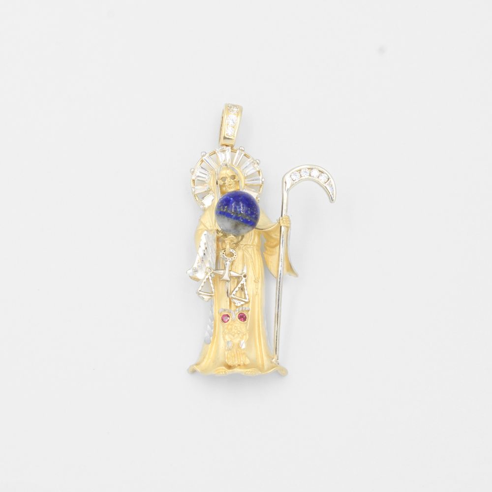 Dije de Oro 14k Santa Muerte con Mundo de Lapislazuli mod. 8007