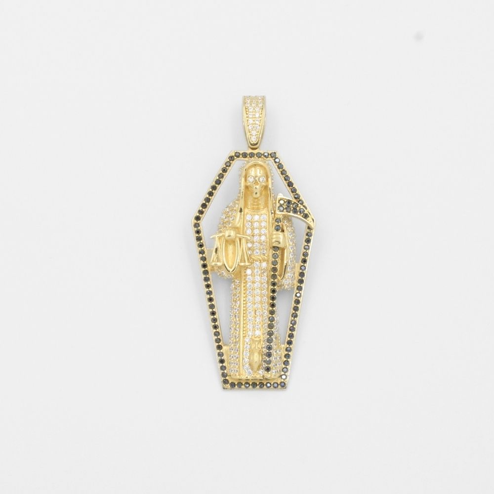 Dije de Oro 14k Santa Muerte Hueca en Marco de Ataúd Incrustada con Zirconias mod. 7922