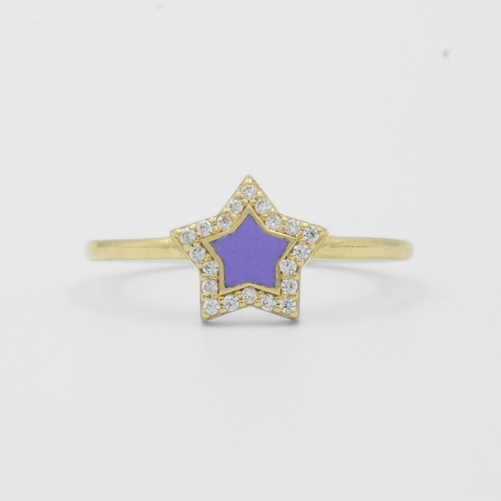 Anillo de Oro 14k Estrella de Esmalte Lila con Bisel de Zirconias Finas mod. 8190