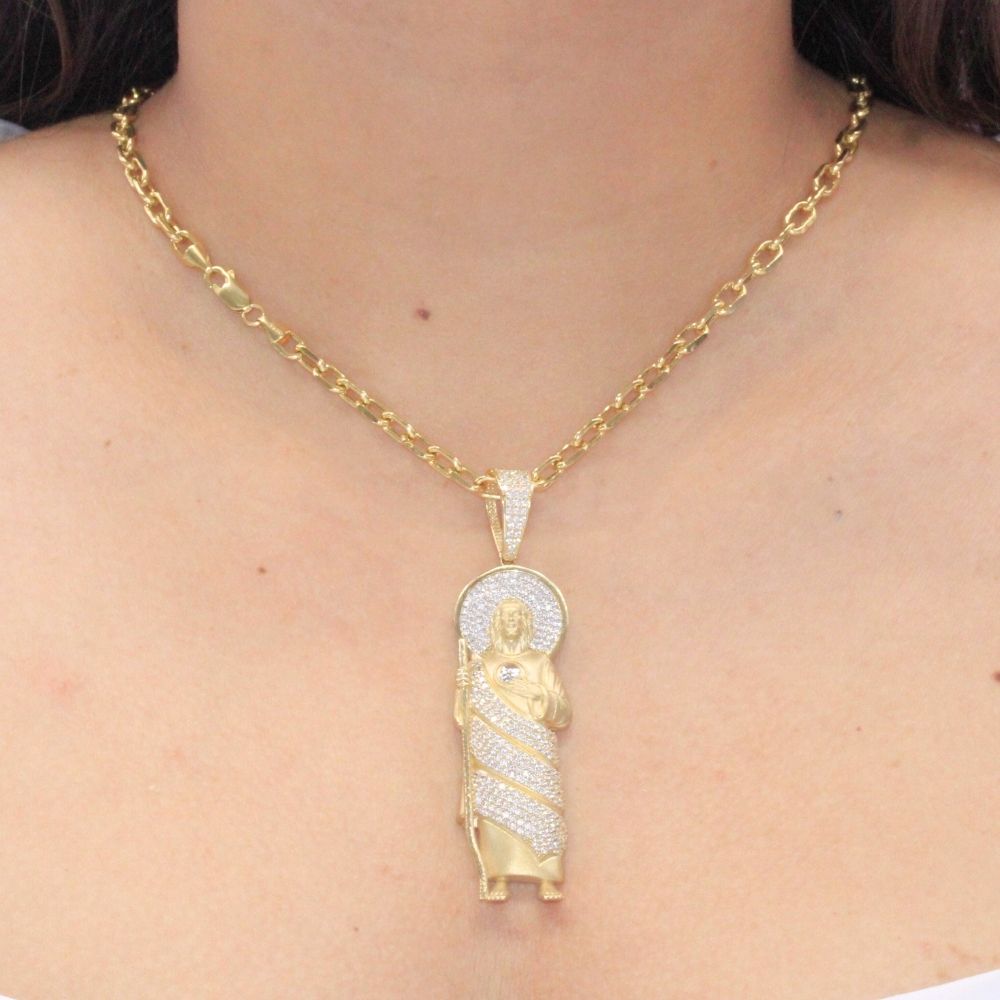 Dije de Oro 14k San Judas Hueco con Aura de Zirconias Redondas mod. 7924