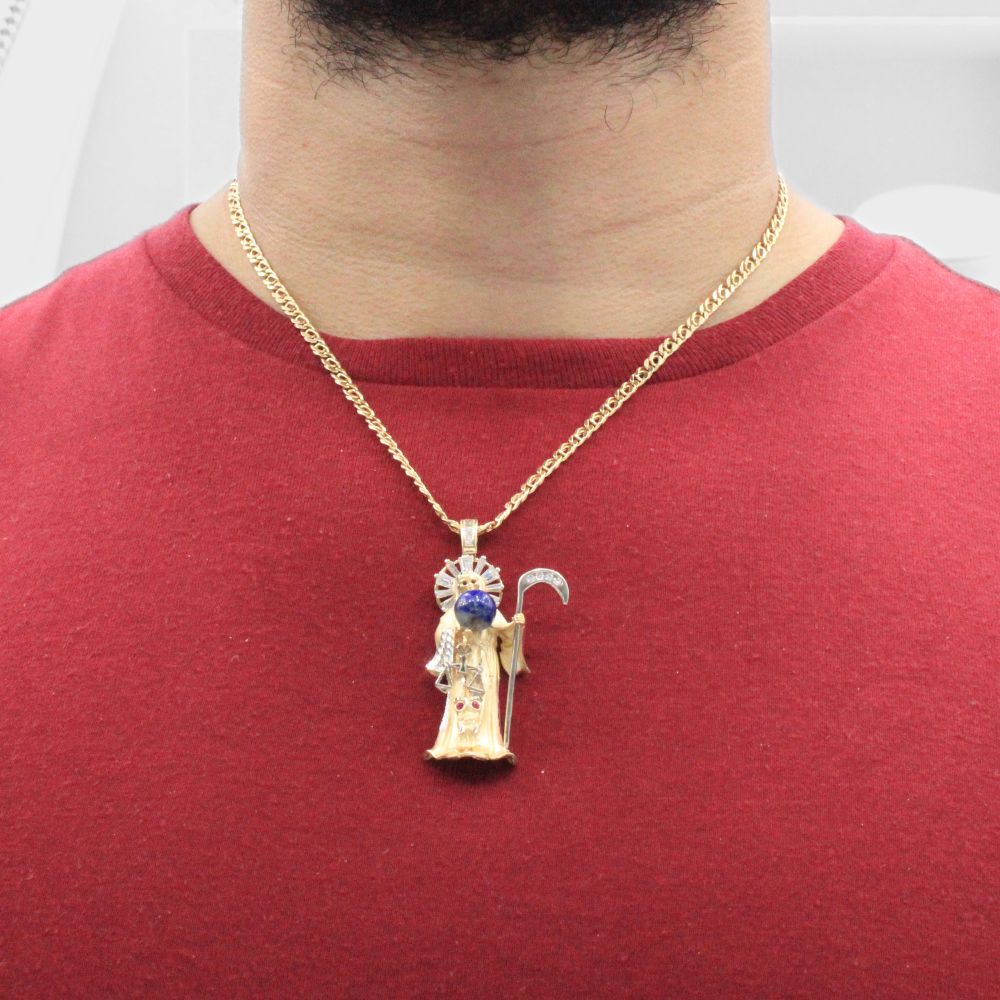 Dije de Oro 14k Santa Muerte con Mundo de Lapislazuli mod. 8007