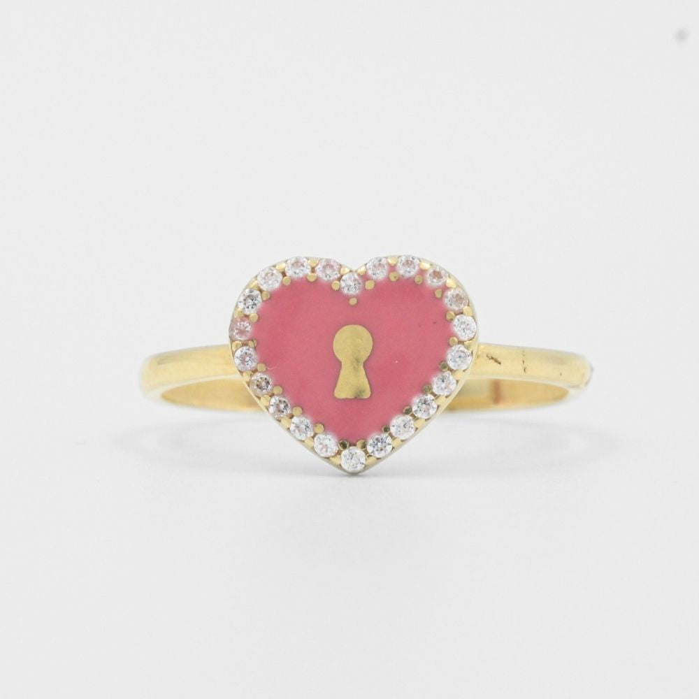 Anillo de Oro 14k Corazón de Esmalte Rosa con Bisel de Zirconias mod. 8169