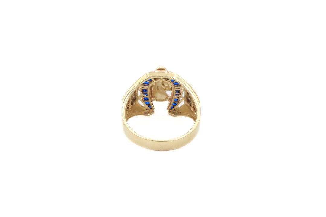 Anillo de Herradura Azul con Caballo Brillante en Oro Florentino mod. 6019 - Joyería Orovel’s