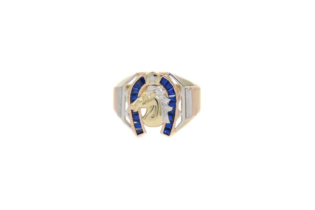 Anillo de Herradura Azul con Caballo Brillante en Oro Florentino mod. 6019 - Joyería Orovel’s